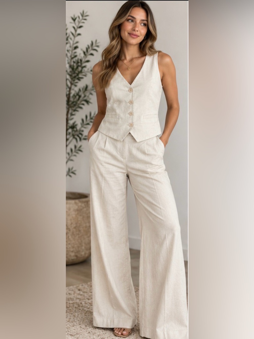 🤍 Express Linen Blend Matching Vest Wide Leg Super High Rise Pants Set 🤍